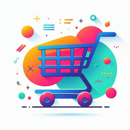 Shopping cart icon on colorful background with geometric shapes. Vector illustration.のイラスト素材