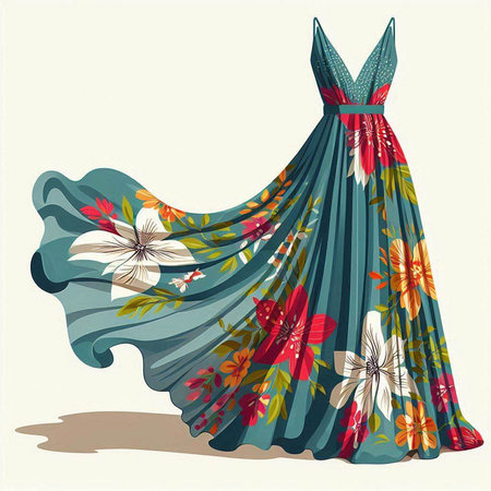 Fashion illustration of a beautiful dress with floral pattern. Vector illustration.のイラスト素材