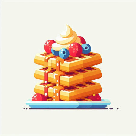 Belgian waffles with ice cream and berries. Vector illustration.のイラスト素材