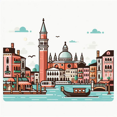 Venice, Italy. Cityscape with gondolas on the water. Vector illustration.のイラスト素材