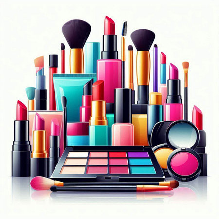 Vector illustration of make up brushes and cosmetics on a white background.のイラスト素材