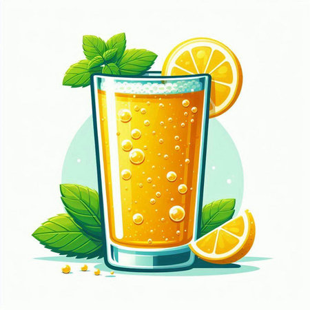 Glass of orange juice with ice and mint leaves. Vector illustration.のイラスト素材