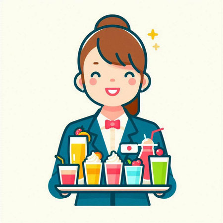Illustration of a waitress holding a tray full of colorful drinks.のイラスト素材