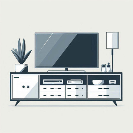 TV on the cabinet in the living room. Flat style vector illustration.のイラスト素材