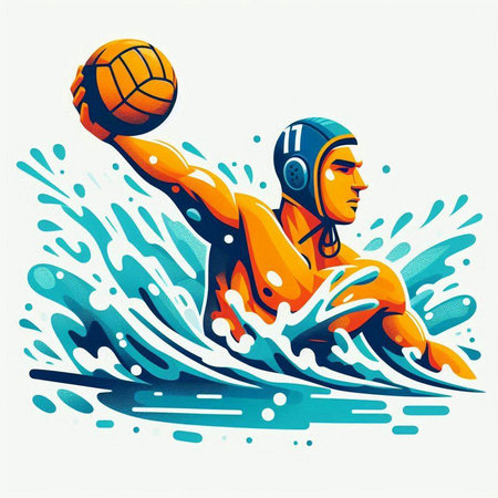 Water polo player with ball in the water. Vector illustration.のイラスト素材