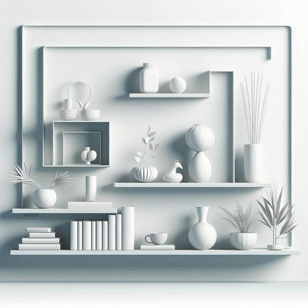 White shelf with books, vases and plants. 3d renderingのイラスト素材