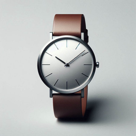 Men's wrist watch with brown leather strap on a gray background.