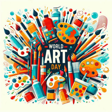 World Art Day poster design with art tools. Hand drawn vector illustration.のイラスト素材