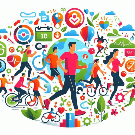 Vector illustration of healthy lifestyle concept with people running in the city.のイラスト素材