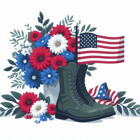 Vector illustration of a bouquet of flowers with a boot and American flagのイラスト素材