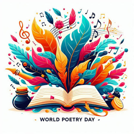Vector illustration of World Poetry Day with colorful feathers, music notes and book.のイラスト素材