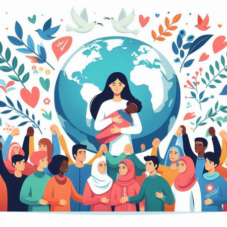International Day of Peace. Group of people with a globe. Vector illustration.のイラスト素材
