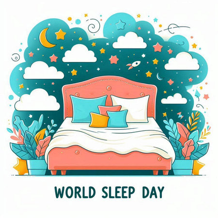 World Sleep Day greeting card with bed and pillow. Vector illustration.のイラスト素材