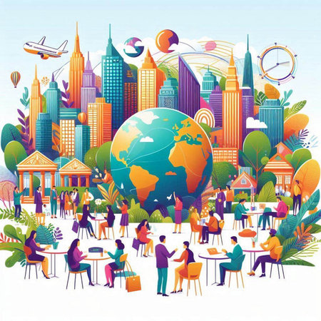 Vector illustration of a city with people and a globe in the centerのイラスト素材