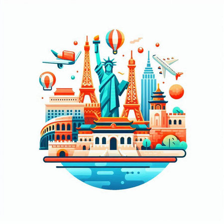 Travel around the world concept. Vector illustration in flat cartoon style.のイラスト素材