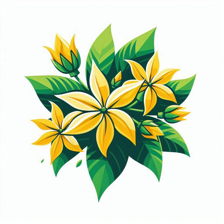 Illustration of a yellow flower with green leaves on a white backgroundのイラスト素材