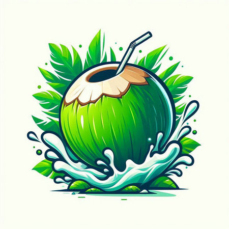 Coconut drink with splashes and leaves. Vector illustration.のイラスト素材