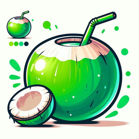 Vector illustration of a green coconut with a straw on a white backgroundのイラスト素材