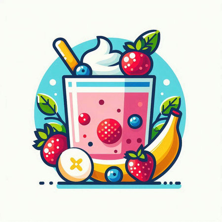 Fruit smoothie in a glass with strawberries, blueberries, cherries, bananas, mint leaves. Vector illustration.のイラスト素材