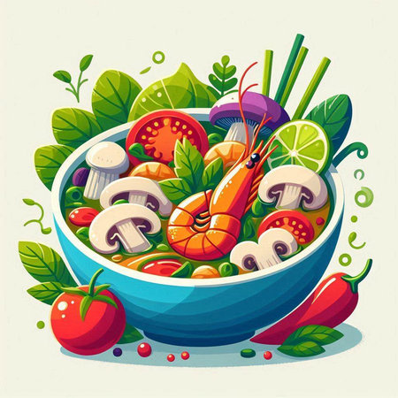 Vegetarian salad with shrimps, mushrooms and vegetables. Vector illustration.のイラスト素材