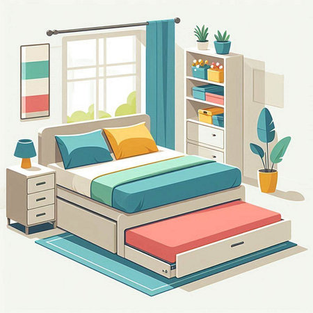 Vector illustration of bedroom interior in cartoon style with bed, wardrobe, bookshelfのイラスト素材