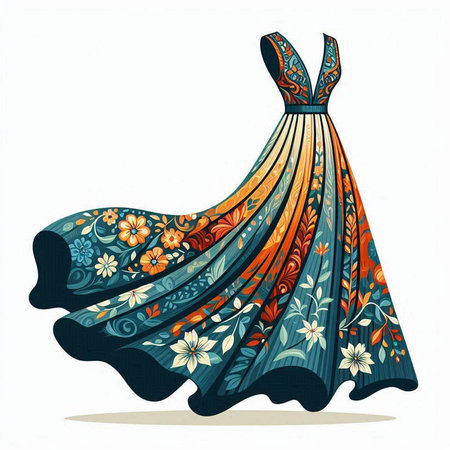 Fashionable woman's dress with floral ornament. Vector illustration.のイラスト素材