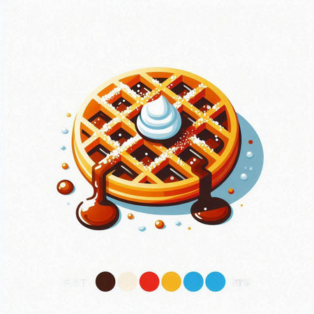 Belgian waffles with whipped cream and chocolate syrup. Vector illustration.のイラスト素材