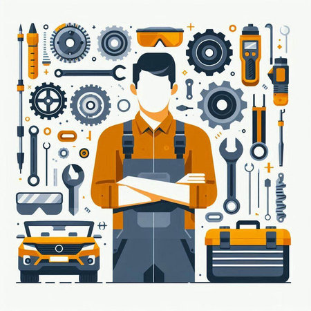 Flat design vector illustration concept of auto mechanic. Mechanic with tools.のイラスト素材