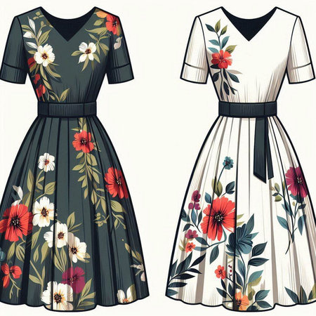 Vintage wedding dress with floral ornament. Hand drawn vector illustration.