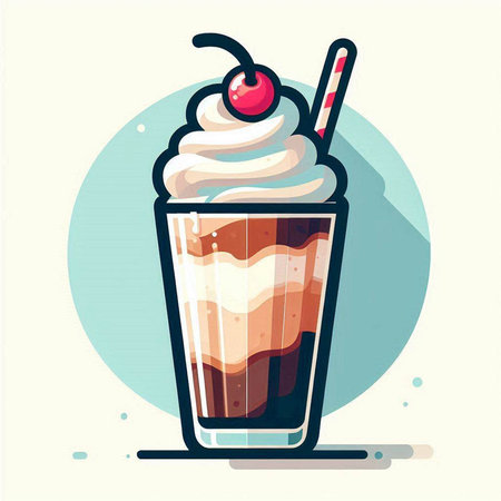 Illustration of iced coffee with whipped cream, cherry and strawのイラスト素材