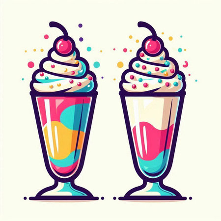 Vector illustration of two milkshakes with whipped cream and cherriesのイラスト素材