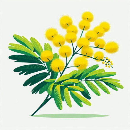 Mimosa branch with yellow flowers on a white background. Vector illustration.のイラスト素材