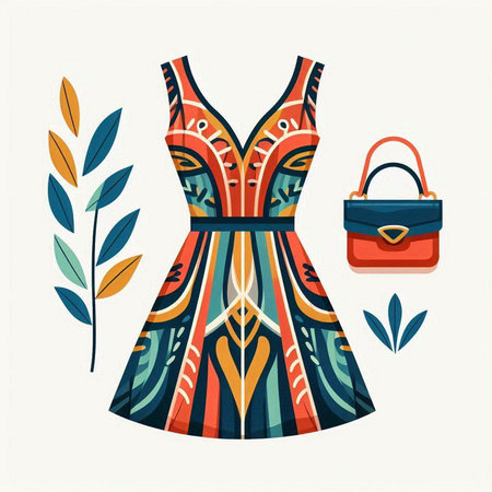 Fashionable women's dress and handbag. Vector illustration.のイラスト素材