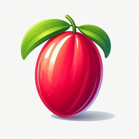 Ripe red plum with green leaves on a white background. Vector illustrationのイラスト素材