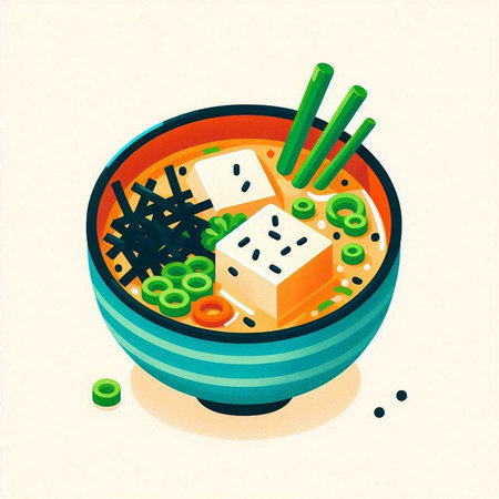 Japanese miso soup with tofu and vegetables in a bowl. Vector illustration.のイラスト素材