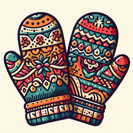 Hand drawn vector illustration of mittens with ornament. Doodle style.のイラスト素材