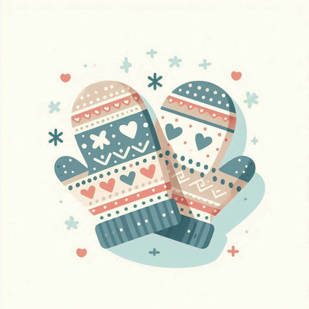 Vector illustration of mittens with hearts and snowflakes in retro styleのイラスト素材