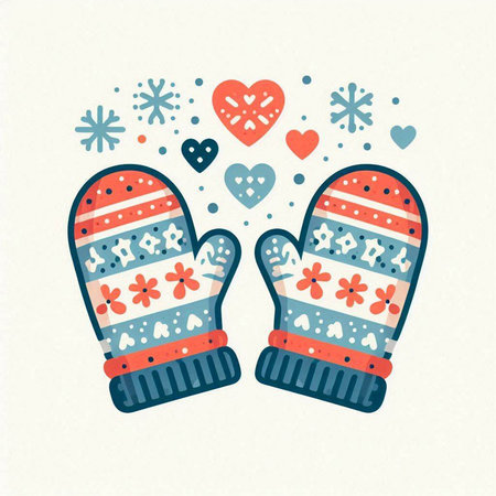 Winter mittens with hearts and snowflakes. Vector illustration.のイラスト素材