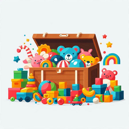 Colorful vector illustration of a wooden box full of different toys. Flat cartoon style.のイラスト素材