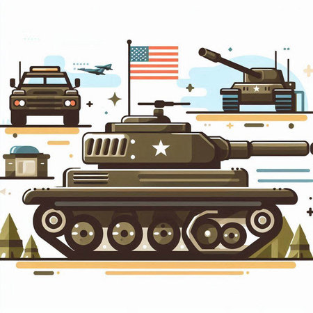 Military tank with american flag. Vector illustration in flat style.のイラスト素材