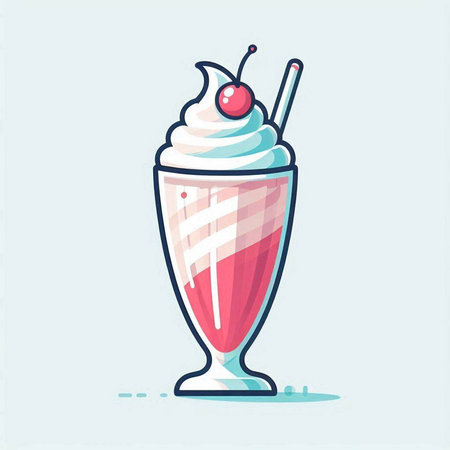Milkshake with whipped cream and cherry in a glass. Vector illustration.のイラスト素材