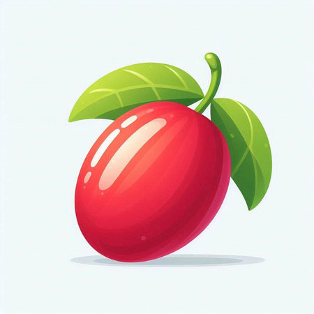 Illustration of a red plum with leaves on a white background.のイラスト素材