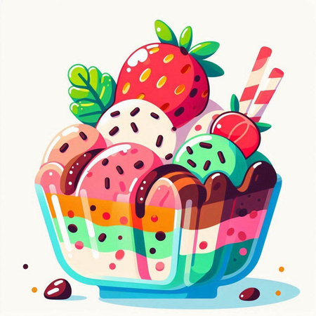 Illustration of a cupcake with strawberries, ice cream and chocolateのイラスト素材