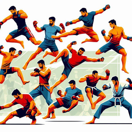 Martial arts fighters in action. Vector illustration of a set of martial arts fighters.のイラスト素材