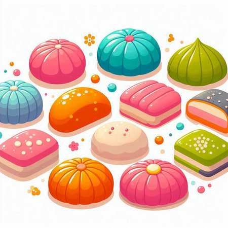 Illustration of a set of colorful japanese sweets on a white backgroundのイラスト素材