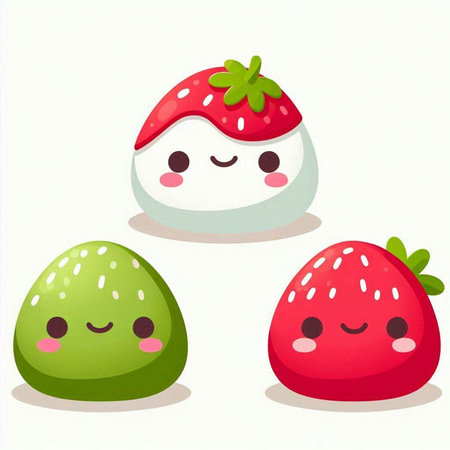 Cute cartoon kawaii strawberry characters set. Vector illustration.のイラスト素材