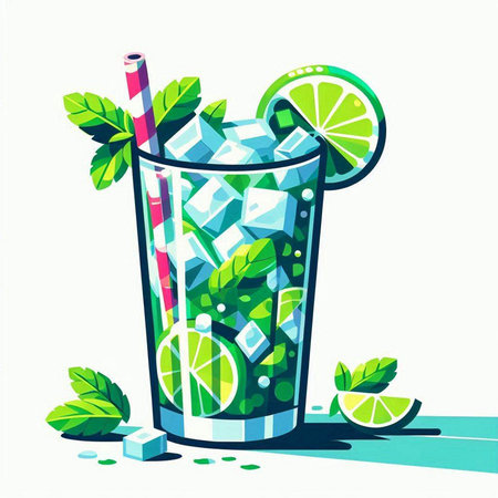Cocktail with lime, mint and ice. Vector illustration.のイラスト素材