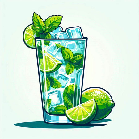 Mojito cocktail with lime, mint and ice. Vector illustration.のイラスト素材