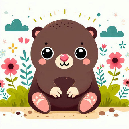 Cute cartoon bear sitting in the grass with flowers. Vector illustration.のイラスト素材