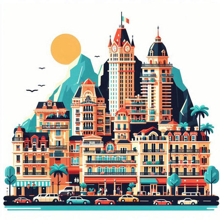 Cityscape with buildings and skyscrapers. Vector illustration in flat styleのイラスト素材